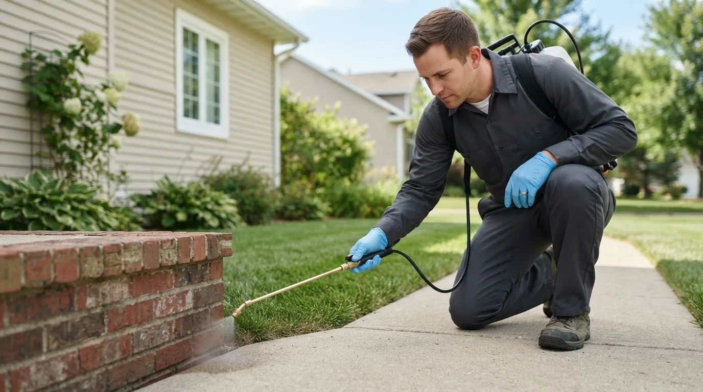 Pest control technician treating a home near Spiritwood, ND
